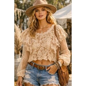 Peach‎ Lace Sparkle Sheer Sleeve Ruffle Blouse Top Women's Size L